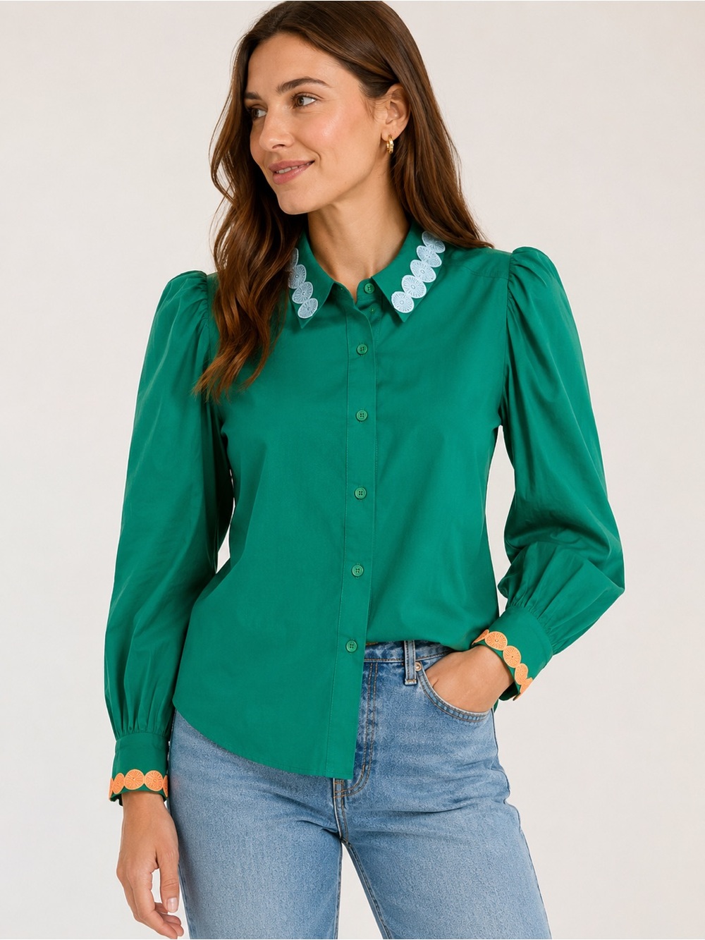 Hale Bob Button-Down Balloon Sleeve Embroidered Cotton Blouse XL NWT